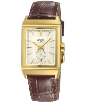 Gevril 49702 Men's Time Square Swiss Automatic Watch

31x40mm Rectangle 316L Stainless Steel IPYG Polished/Satin Case
Silver Embossed Dial, White Index, Date at 6, Second Hand Sub Dial
IPYG Push/Pull Crown with Logo
Screw down Exhibition Case back 
Black Handmade Italian Leather Strap with Tang Buckle
Anti-reflective Sapphire Crystal on front and rear
Water Resistant to 50 Meters/5ATM
Swiss Made Automatic Movement  ETA 2895/2