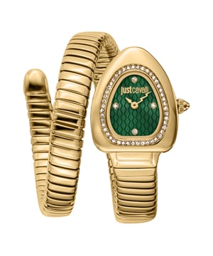 Make every moment count with the Just Cavalli Signature Snake collection watch, crafted for the modern woman. This quartz movement timepiece features a luxurious gold-tone stainless steel bracelet with a deployment clasp, complemented by a captivating green dial. Its round 22mm case is robust, fashioned from stainless steel with a mineral crystal, and offers water resistance up to 30m. A perfect blend of style and functionality! JC1L249M0035