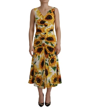 A estrenar con etiquetas.
  Vestido midi con estampado floral.
  Cierre de cremallera en la parte trasera.
  Hecho en Italia.
  Detalles del logotipo.
  Material: 92% seda 8% elastano.
  Forro: 86% seda 8% algodon 4% elastano 2% nailon.
  Color: Blanco.
  Perfecto para cualquier ocasion.