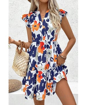 Orange Floral Print Notched Neck Flutter Sleeve Mini Dress
  Vibrant floral print with rich colors
  Notched neck design
  Flutter sleeves
  Ruffle tiered skirt
  Perfect for summer
  Ideal for pairing with trendy mules or chic heels
Material: 100% Polyester