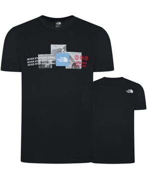 The North Face Men's M Mountain Front SS Tee is a stylish and versatile black T-shirt featuring a graphic print logo on the front. Made from comfortable cotton material, this short sleeve shirt has a crew neck neckline and a regular fit. Perfect for all seasons, this tee is machine washable and is a great addition to any man's wardrobe. Representing the iconic outdoor brand, The North Face, this T-shirt combines quality craftsmanship with a classic design suitable for everyday wear.
