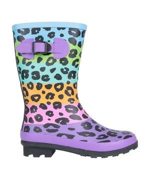 Upper: Rubber, Synthetic, Water Resistant. Lining: Textile. Outsole: Deep Lug, Gripped, Synthetic. Fabric Technology: Waterproof Membrane. Flat. Cut: Mid Calf. Design: Leopard Print. Toe Style: Round. Fastening: Slip-In.