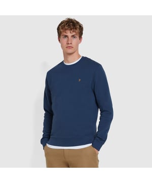 Mens Farah Tim Crew Neck Sweatshirt in deep blue- Crew neck.- Seti In rib collar with chain-stitched rib reinforcement.- Ribbed cuffs and hem.- Embroidered gold F branding.- Premium organic cotton loopback jersey fabrication.- 100% organic cotton.  Machine washable.- Ref: F4KFD076402