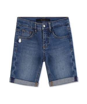 No kid’s wardrobe should be without the bermuda version of the classic denim 5 pocket pants. This version features one metal button at waist. The brand's lettering is embroidered on the right rear pocket and the double B monogram is made of leather. Turn-up bottom.