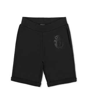 The brand’s crest is the key feature of these cotton fleece jogging shorts. As a matter of fact it is foil printed on the front of the left leg. Two slit pockets on the front and one on the back. Rib knit waistband with drawstring and stripes.