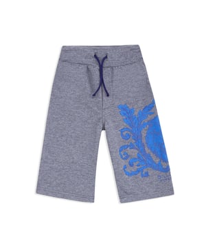 The lion's head framed in acanthus leaves is printed on the left leg of these cotton fleece shorts. Ribbed waistband with drawstring.