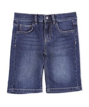 The shorts version of the classic stone washed denim 5 pocket pants cannot miss even in the wardrobe of a kid. This version features one metal button at waist. The Maison’s emblem embroidered patch is sewn over the right rear pocket.