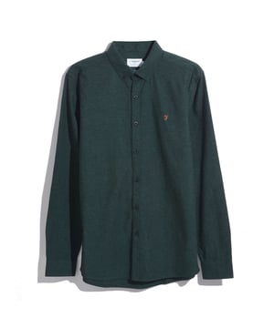 Mens Farah Steen Brushed Organic Cotton Shirt in botanic green marl- Button down collar.- Long sleeve.- Constructed working cuffs.- Traditional cut and sew button placket.- Farah branded button fastenings.- Curved hem.- Embroidered gold F logo.- Premium organic cotton brushed marl woven fabrication.- Slim fit. Designed to fit closer to the body offering a modern  tailored silhouette.- 100% Organic cotton.  Machine washable.- Ref: F4WBB006323