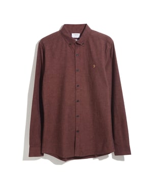 Mens Farah Steen Brushed Organic Cotton Shirt in teak marl- Button down collar.- Long sleeve.- Constructed working cuffs.- Traditional cut and sew button placket.- Farah branded button fastenings.- Curved hem.- Embroidered gold F logo.- Premium organic cotton brushed marl woven fabrication.- Slim fit. Designed to fit closer to the body offering a modern  tailored silhouette.- 100% Organic cotton.  Machine washable.- Ref: F4WBB006252