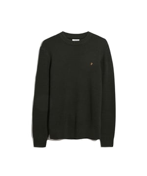 Mens Farah Foraker Crew Neck Sweater in black- Double bound ribbed neck.- Knitted rib cuffs and hem.- Embroidered Gold F branding.- 7 Gauge full cardigan stitch construction.- Premium organic cotton fabrication.- Regular fit.- 100% organic cotton.  Machine washable.- Ref: F4GHE022111