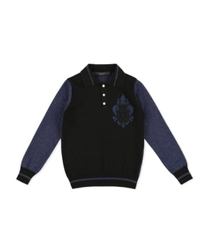 Billionaire cannot drop its coat of arms: one of its most significant symbols. On this knitted wool colour-blocking long sleeve polo shirt it is embroidered, together with a lily, at left chest. Buttoning at collar. Jacquard contrasting stripes on ribbed collar, cuffs and bottom hem.