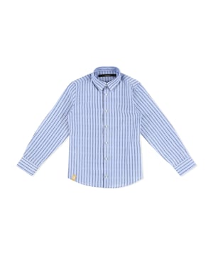The brand's lettering is featured all over this cotton poplin shirt with vertical striping. Cutaway collar. Mother-of-pearl buttoning.