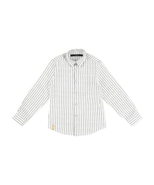 The brand's lettering is featured all over this cotton poplin shirt with vertical striping. Cutaway collar. Mother-of-pearl buttoning.