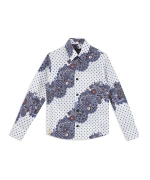 All over printed stretch cotton poplin shirt. Mother of pearl buttons.