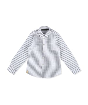 The brand's lettering is jacquarded all-over this cotton poplin shirt with a vertical striping effect. Pointed collar and mother-of-pearl buttoning. Two pleats on the back.