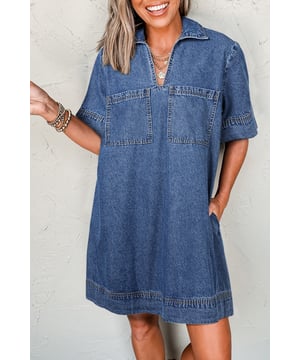 Blue short sleeve denim mini dress
  Classic collared neckline
  V
  neck design
  Patched chest pockets for added practicality
  Breezy and relaxed fit
Material: 82% Cotton 10% Polyester 8% Viscose