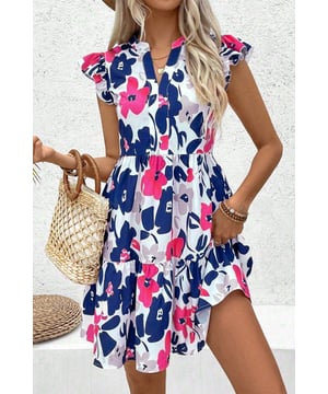 Mode Bloemdruk Notched Nek Fluttermouw Mini-jurk  
  Levendige bloemdruk met rijke kleuren  
  Design met notchnek  
  Fluttermouwen voor extra stijl  
  Gerimpeld tiered rokje  
  Perfect voor zomerse uitjes  
  Ideaal om te combineren met trendy muiltjes of chique hakken  
Materiaal: 100% Polyester