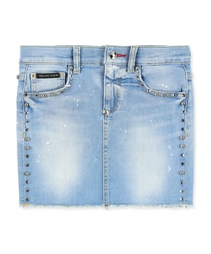 Minifalda de denim elástico de cinco bolsillos de estilo glamuroso y rockero con adornos de cristal. El logotipo hexagonal tipo joya de la firma está cosido sobre el bolsillo trasero derecho. Cierre de un botón en la cintura. Bajo sin rematar.