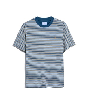 Mens Farah Danny Stripe T-Shirt in cold metal.- Set in ribbed collar.- Short sleeves.- Twin needle finish to cuffs and hem.- Striped design throughout.- Embroidered gold F branding on chest.- Premium organic cotton jersey fabric.- Regular fit.