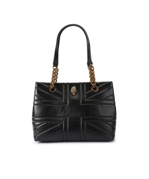 This Kurt Geiger Kensington Union Jack tote bag  is crafted from a black leather with overstitch quilting creating a Union Jack. There is an antiqued brass eagle on the front of the bag. Dimensions: 26cm (H), 35cm (L), 14cm (D). Strap length: 68cm.