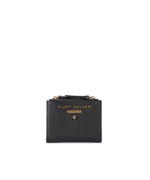 The Greenwich Mini Purse features a black grained leather exterior. There is an antiqued brass eagle head and branding on the front. 9cm (H), 11cm (L), 2cm (D).