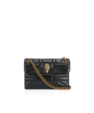 The Kurt Geiger Kensington Union Jack bag is crafted from a soft lambskin leather with stitched Union Jack design. The antiqued brass eagle head features crystals on the front flap. 14cm (H), 20cm (L), 6cm (D) Strap drop cross body: 120cm Strap drop shoulder: 70cm