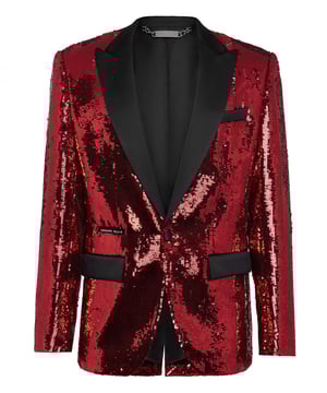 ¿Es un fan de un look glamuroso? Eche un vistazo a esta chaqueta blazer de un solo botón, confeccionada en un tejido incrustado con lentejuelas. Descubra nuestra atención a los detalles, como dos bolsillos con solapa y las solapas de pico de satén moiré. El botón está forrado de satén con un bordado de PP. Forro de raso con logos.