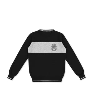 Billionaire mantiene uno de sus símbolos más importantes: su blasón. En este jersey de punto de lana con cuello caja, se presenta bordado en la parte izquierda del pecho sobre una banda en contraste insertada. Cuello, puños y borde inferior de punto de canalé de rayas en contraste