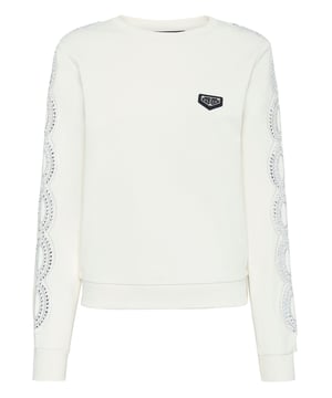 Verfraaid  Katoenen fleece crewneck versierd met strasapplicaties op beide mouwen. Een badge met het logo is genaaid op de linkerborst. Ribgebreide zomen.