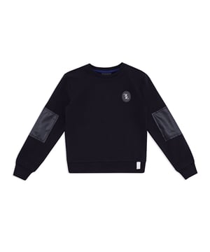 Esta sudadera con cuello redondo de felpa de algodón está adornada con detalles e insertos de efecto piel en las mangas. Presenta el logotipo de la doble B cosido en la parte izquierda del pecho. Cuello, puños y borde inferior de canalé.