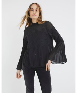 Chiffon fabric, Crew neckline, Lace detail, Applique detail, Pleated detail, Long sleeves