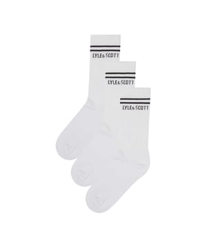 3er-Pack. 68% Baumwolle, 30% Polyester, 2% Elastan. Gewebe: Jerseyware. Marke: Lyle & Scott. Design: Logo, gestreift. Knöchelhoch. Gepolstertes Fußbett, Gerippter Besatz.