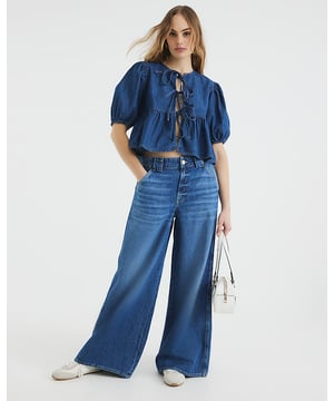Denim fabric, Tie front detail, Puff sleeves, Peplum hem, Elasticated cuffs