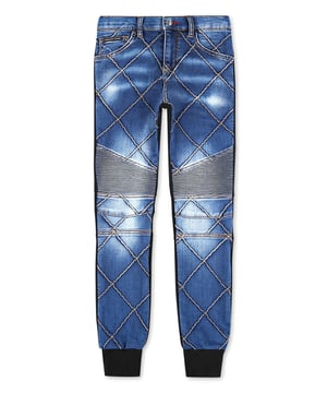Stone washed denim 5 pocket pants with topstitched seams and placed embroideries. The rear side is made of cotton fleece. The iconic saffian leather PP Hexagonal is sewn over the right rear pocket. Single metal button at waist. Ribbed bottom cuffs. Fit: Jogging.
