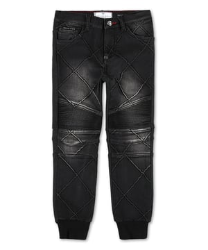 Stone washed denim 5 pocket pants with topstitched seams and placed embroideries. The rear side is made of cotton fleece. The iconic saffian leather PP Hexagonal is sewn over the right rear pocket. Single metal button at waist. Ribbed bottom cuffs. Fit: Jogging.