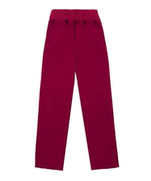 Cotton jersey jogging trousers. Two pockets. Embroidered crest at the back right pocket. Ribbed waistband with drawstring. Snap buttons at bottom.
