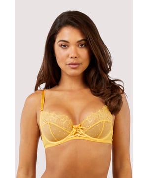 She's nothing like you've seen before. ZIGGY.With her spotted mesh, lace edges and zigzag bridge detailing, she makes herself known. She comes in a juicy mango colourway, and is finished with a satin mango and lilac centre bow. She's simply unmissable, a unique addition to your lingerie drawer...

Balcony shape
Spot, lace, and zigzag detailing
Mesh cups
Adjustable straps
Hook and eye closure
Satin bow