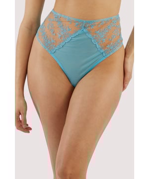 She's brand new.. her name's Cassia Blue. Featuring delicate custom embroidery, this mesh, high waisted,sky blue thong is a detailed dream with extra comfort.Complete the look with one of the Cassia Blue Bra's and Suspender.

100% Cotton Gusset
Blue mesh and custom embroidery
High Waisted
Scalloped Edges