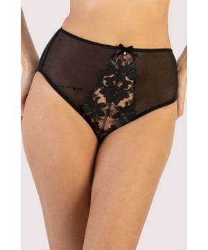 Our Alva is the perfect Black Leatherette Lace lingerie set. The Alva Black Leatherette Lace Embroidery High Waist Brief features soft sheer beige mesh centre with a delicate black floral leatherette embroidery overlay. The high waist is elasticated to ensure the best fit and the rest of the brief is made from soft sheer black mesh. It also features a luxurious little black velvet bow in the centre with a small pearl charm for added luxe. Match this Leatherette Lace Embroidery HIgh Waist Brief with the Alva Black Leatherette Plunge Bra and the Leatherette Lace Suspender Belt for the full sexy leatherette look.




Black Leatherette High Waist Brief
Floral Embroidery
Sheer Beige mesh centre panel
Black mesh
Velvet bow detail
Pearl charm

Treat me nice. Do not tumble dry. Hand wash only.



Main 1: 89% Polyester 11% Polyamide, Coating: Polyurethane. Main 2: 86% Polyamide 14% Elastane. Gusset Liner: 100% Cotton. Excluding Trims.