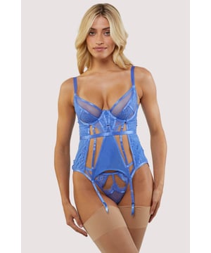 Stand out in Claire...The Claire Blue Caged Lace Basque features bright powder blue mesh with a delicate lace overlay, the straps are adjustable for the best fit and the elastic caging adds extra sexiness whilst still being comfortable. The four suspender straps are adjustable to ensure the best fit. Match with the Claire Thong for the ultimate set. 




Blue Mesh and Lace Basque
Underwired cups
Adjustable straps
Four suspender straps
Elasticated Waist
Lace details
