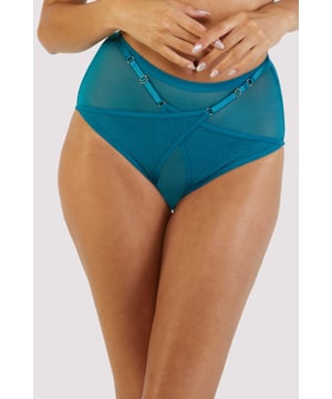 Your favourite ultra-strappy set is back! This time in magnificent Petrol...The Eddie Petrol is bright, bold and a serious statement-maker. Featuring Petrol mesh with fishnet panels and satin elastic harness detail. The high waist design cinches you in and hugs your curves in all the right places. The waist strap and the crossover harness straps are adjustable to provide the best fit. Complete the look with the Eddie Petrol Crossover Wrap Bra.

Petrol High Waist Brief
Mesh with fishnet panels
100% cotton gusset
Sheer mesh
Adjustable straps