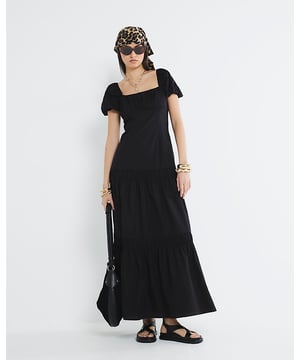Square neckline, Short puff sleeves, Gathered detail, Tie back, Zip fastening, Midi length