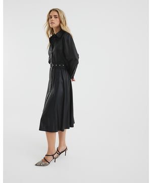 Petite collection, Faux leather, Collared, Long sleeves, Pockets, Belted, Button fastening, Midi length