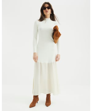 Knitted, High neck, Long sleeves, Sheer skirt detail, Maxi length