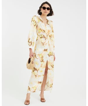 Satin fabric, Floral print, V-neck, Long sleeves, Twist detail, Split hem, Maxi length