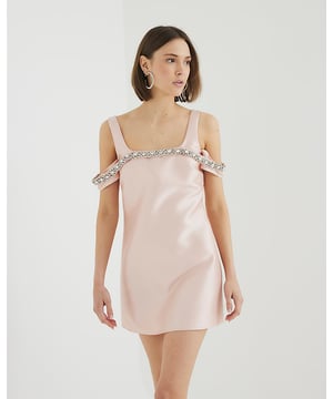Bardot neckline, Low back, Diamante embellishment, Short sleeves, Zip fastening, Mini length