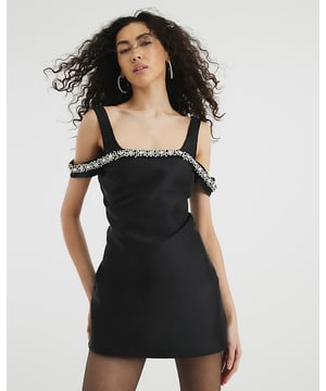 Bardot neckline, Diamante embellishment, Sleeveless, Low back, Mini length