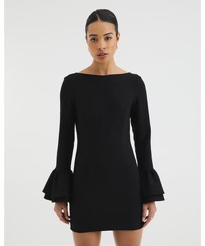 Boat neck, Long bell sleeves, Fitted, Low back, Mini length