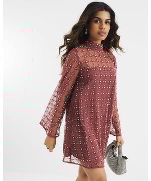 Petite collection, Round neck, Long sleeves, Mesh, Embellished, Mini length