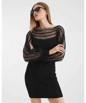 Boat neck, Long sleeves, Knitted, Lace detail, Mini length